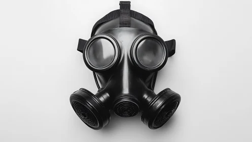 Black gas mask with dual filters on light background.
