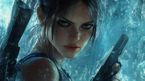 Armed female figure in icy blue environment close portrait.