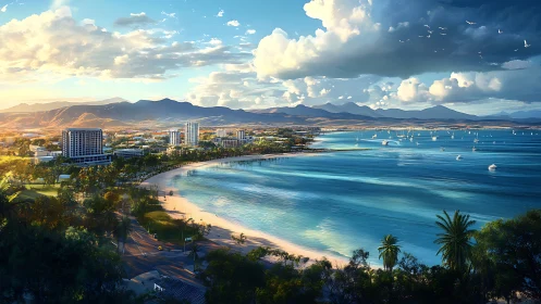 Coastal city shoreline with marina, high-rises and mountains.