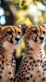 Two cheetahs positioned side-by-side with focused forward gaze
