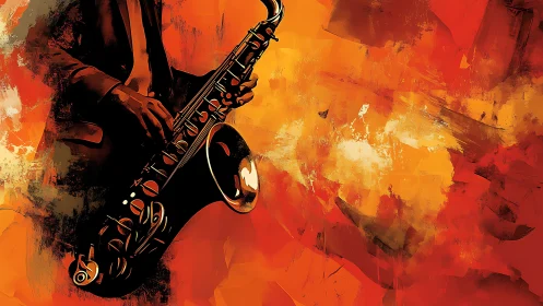 Silhouetted saxophonist holds instrument against abstract field