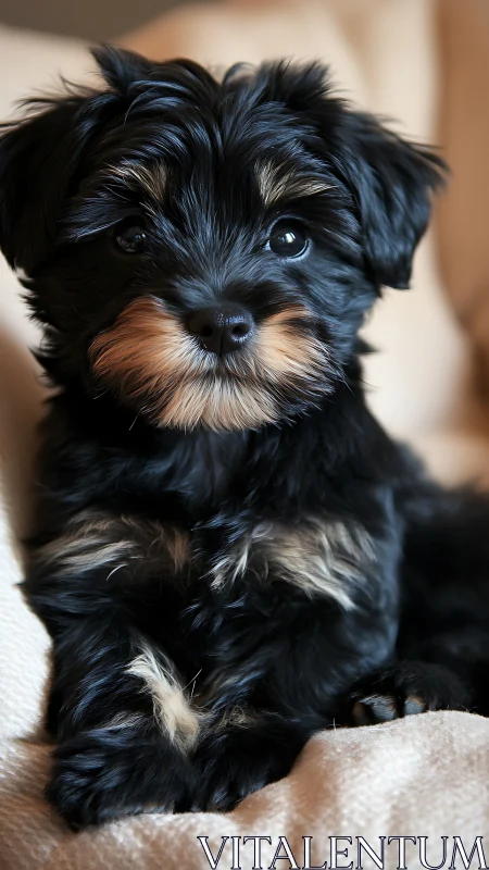 Velvet-eyed black puppy lounging on creamy cuddle clouds.