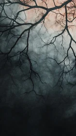 High contrast winter branches intersect misty gradient sky plane