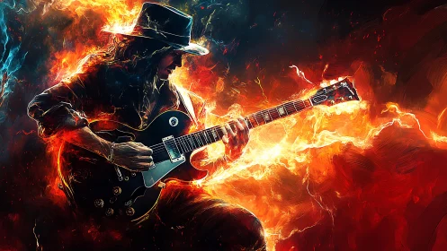 Electric guitarist ignites a fiery storm of sound and light