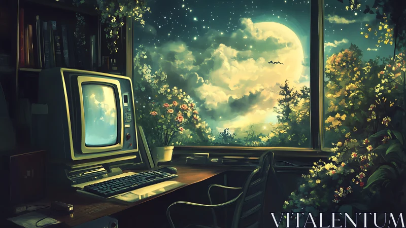 Moonlit retro workstation quietly dreams of starry gardens