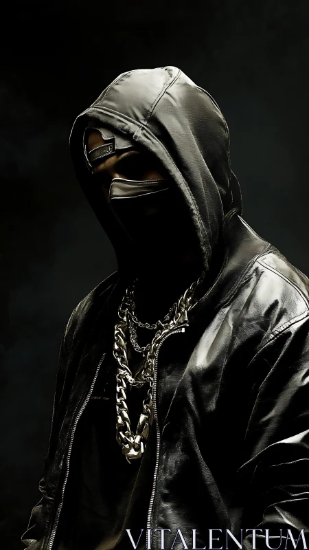 Hooded figure in black leather jacket stands in low-key lighting