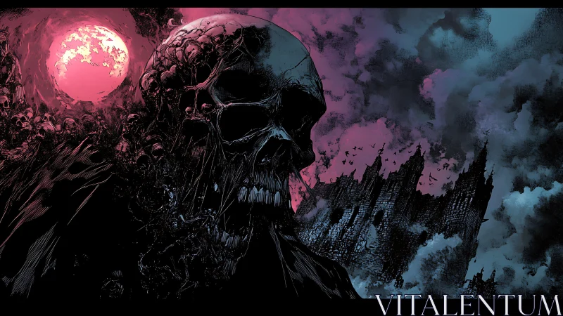 Gothic skull panorama with infernal moon and citadel silhouettes.