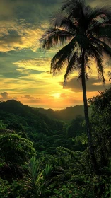 Tropical palm silhouette over emerald valley at golden sunset.