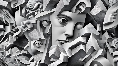 Fragmented grayscale face is integrated with angular geometric forms