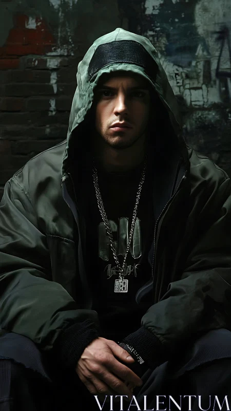 Brooding hooded man in urban alleyway portrait lighting.