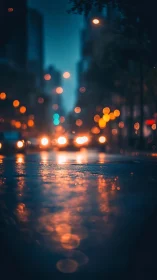 Defocused urban street at dusk with lights and reflections.
