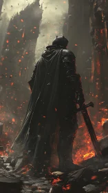 Armored dark knight overlooking ruined burning city.