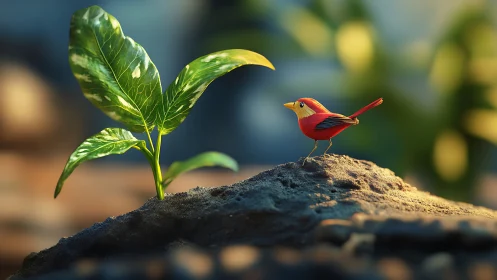 Tiny red bird greets new leaf in soft enchanted sunlight.