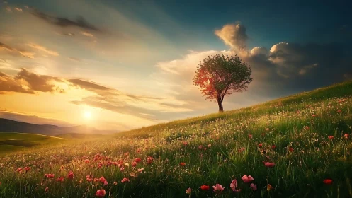 Solitary tree crowns a flowered hillside under radiant sunset