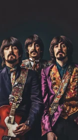 Colorful vintage trio in ornate psychedelic suits.