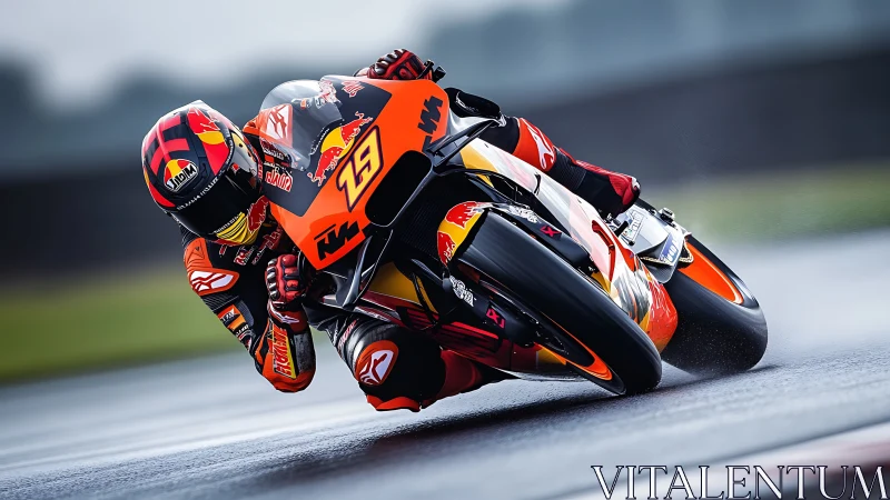 Motorsport rider leans aggressively into wet apex at speed