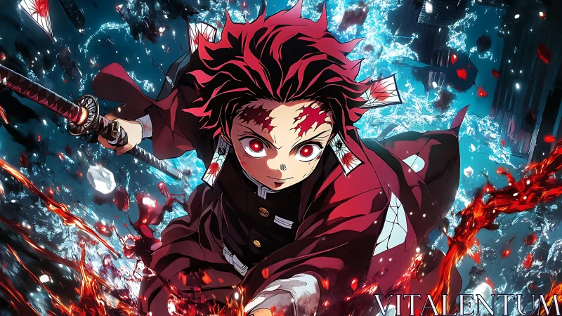 Fiery young swordsman rushes forward through water and sparks