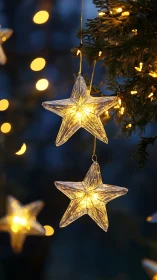 LED star string lights on evergreen tree at blue hour