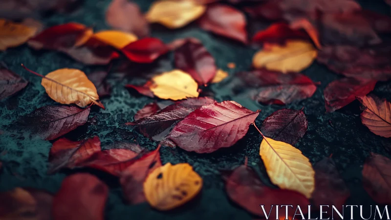 Macro-depth study of wet autumn leaf scatter on asphalt surface.