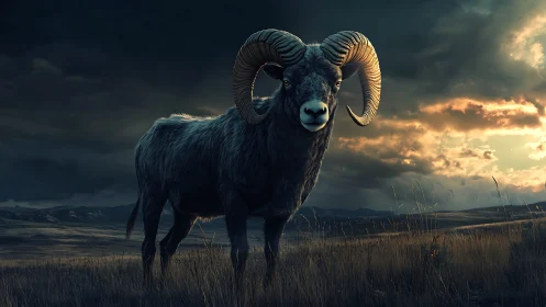 Stormlit bighorn ram standing proud on windswept plains.
