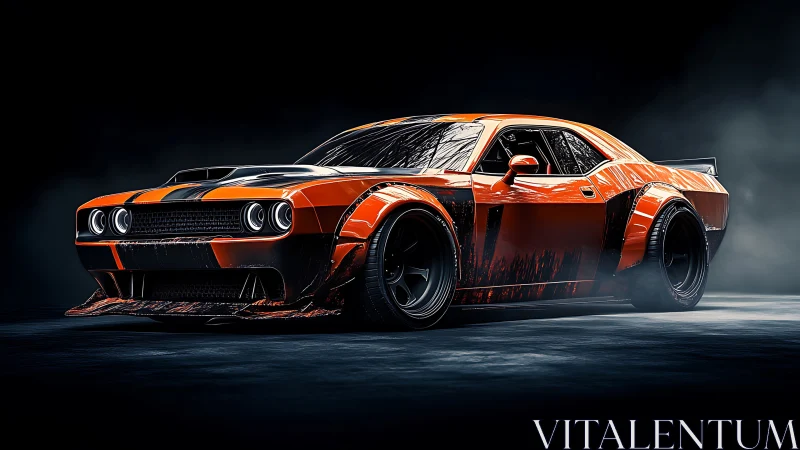 Midnight burnout beast, orange muscle car in stormlight stance.