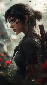 Battle-hardened female warrior in bloodstained jungle gear.