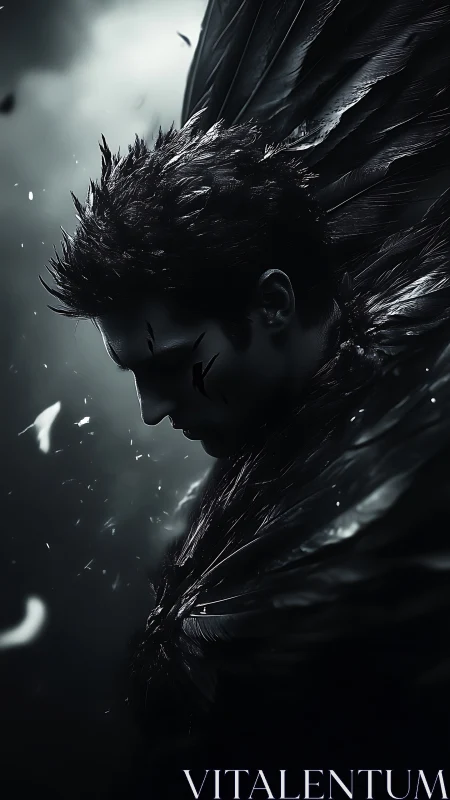 Fallen dark angel portrait in moody monochrome light.