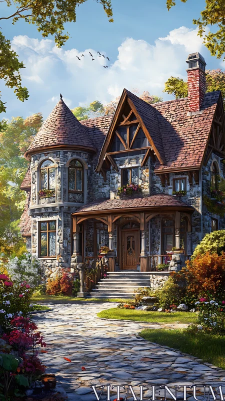 Stone turret cottage under warm afternoon garden light.