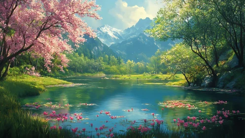 Spring alpine lake with cherry blossoms and snow-capped peaks