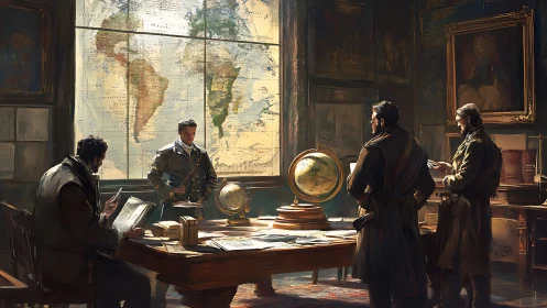 Cartographers studying world map in dim historical office.