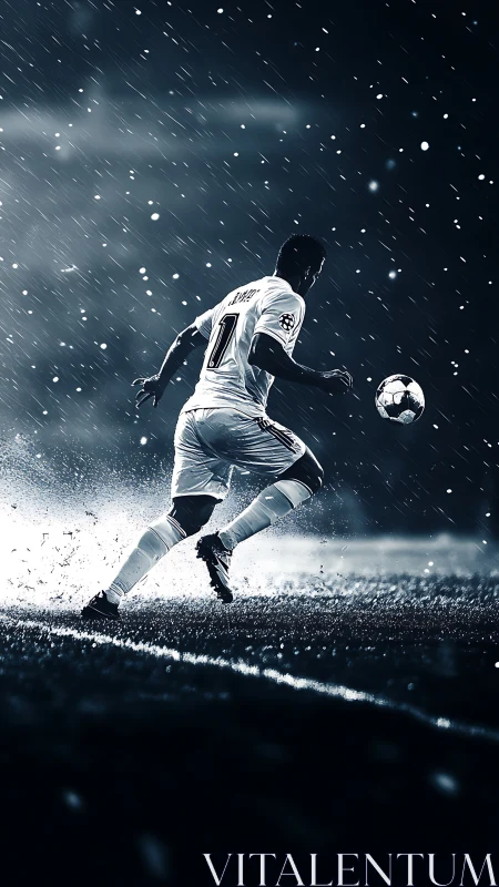 Storm-lit striker racing through rain-soaked night pitch.