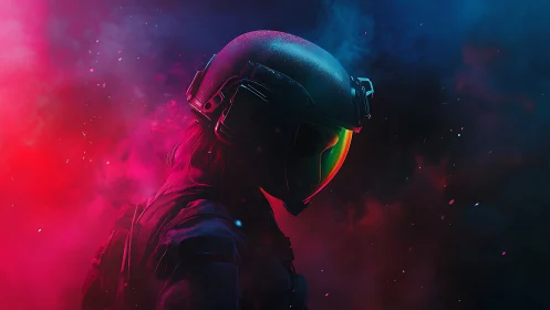 Neon-helmed space wanderer drifting through prismatic smoke.