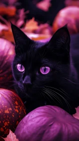 Black cat with magenta eyes surrounded by pink and orange spheres.