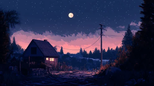 Rural house on quiet dirt road under starry full moon.