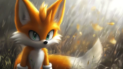 Anthropomorphic orange fox under soft backlit autumn rain