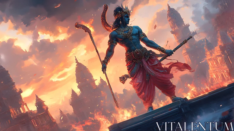 Mythic blue warrior over burning temple metropolis at dusk