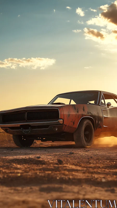 Dust‑scarred muscle car under low sun in cinematic profile.