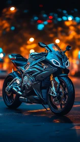 Sport motorcycle rendered in neon bokeh night street lighting