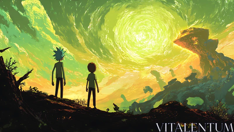 Two figures observe swirling portal in alien sunset sky