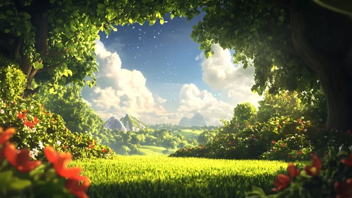 Sunlit meadow framed by trees and distant mountains.