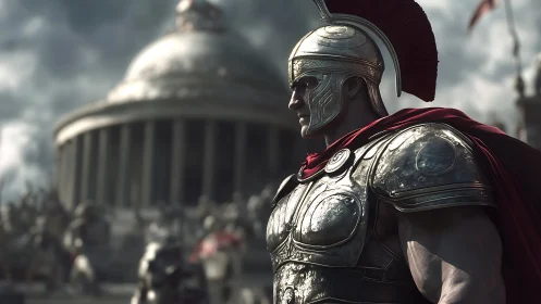 Bronze-clad Roman centurion before monumental rotunda.
