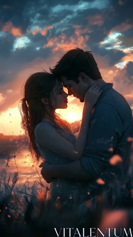 Two people in silhouette embrace at sunset