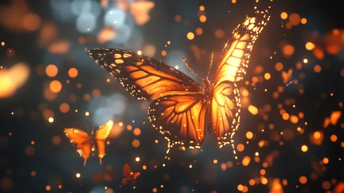 Glowing monarch butterflies drift through emberlit bokeh haze.