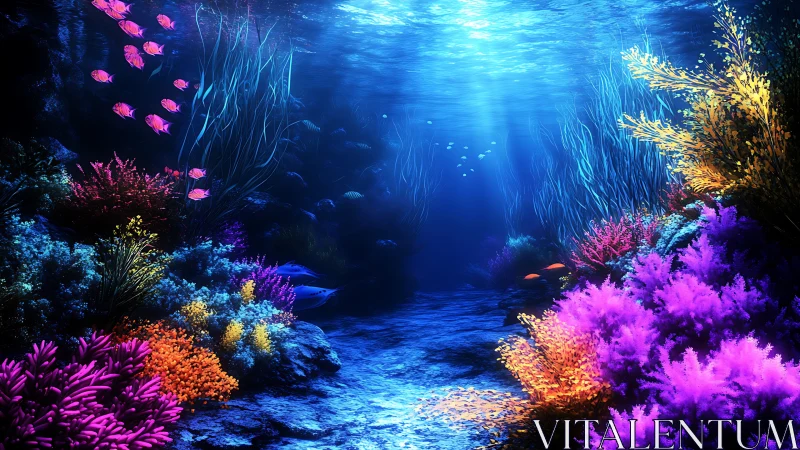 Glowing coral reef path under gentle sunlit waters.