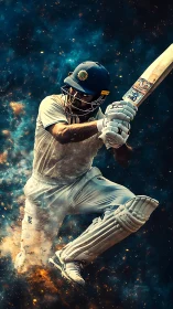 Dynamic cricket batsman in mid-air stroke, digital painting.