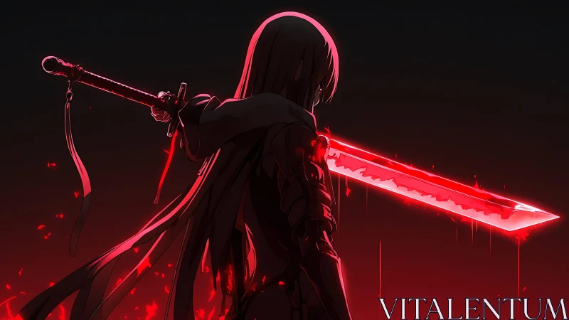 Lone anime warrior glowing with fierce crimson power.