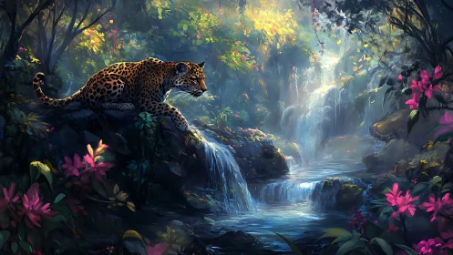 Leopard Perched on Boulder Within Verdant Jungle Waterfall Ecosystem
