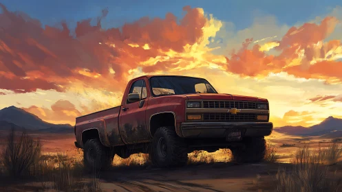 Sunburnt pickup watches a wildfire sunset over dusty plains.