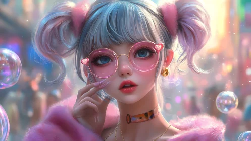 Neon city girl in pink heart glasses and fluffy coat.