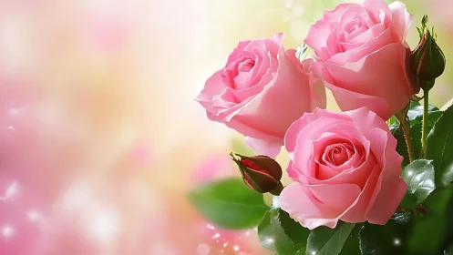 Pink roses in bloom with buds and green foliage against soft background.